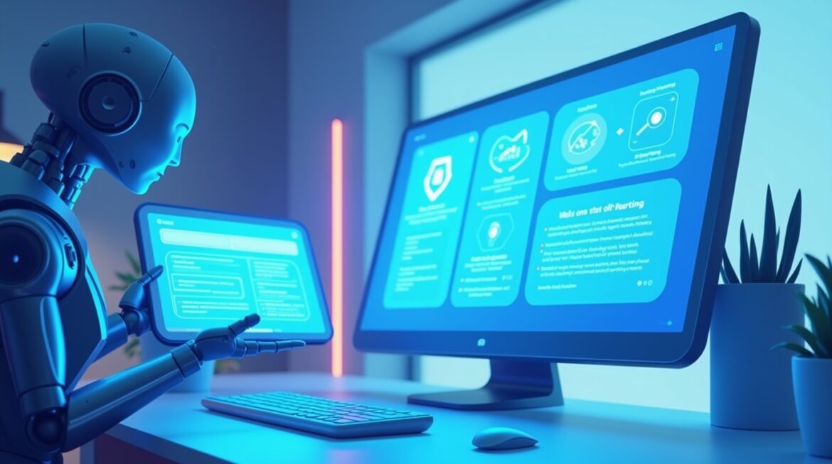 A digital marketer using AI-powered analytics, automation tools, and a futuristic dashboard with real-time data visualizations.