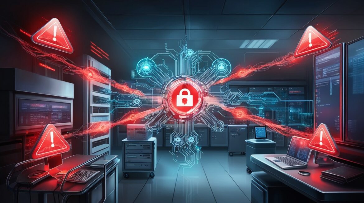 A digital representation of an AI brain overlaying a hospital network diagram, highlighting vulnerabilities exploited in a cyberattack.​