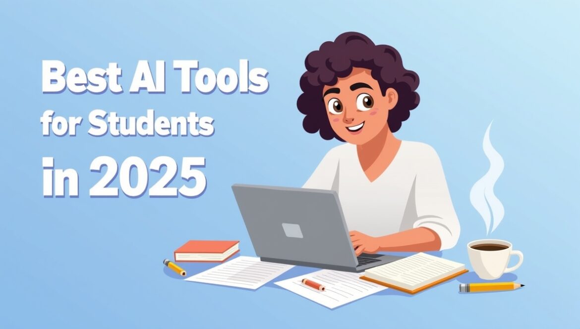 A student using AI-powered study tools on a laptop and tablet, with futuristic holographic graphs and a digital assistant helping with learning