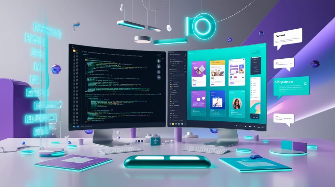Canva Visual Suite 2.0 dashboard showing AI coding panel converting a website design into HTML/CSS, alongside a chat interface where users type 'create a minimalist logo' with real-time AI-generated results.