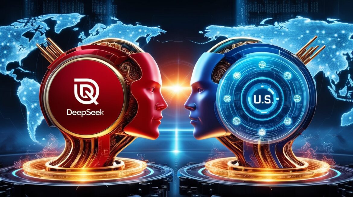 A futuristic AI supercomputer running DeepSeek's advanced neural network, symbolizing China's challenge to U.S. AI dominance with high-efficiency models.
