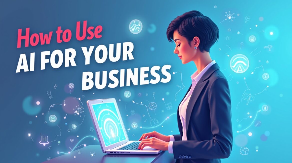 A futuristic business team using AI tools like data analytics, chatbots, and automation software to optimize workflows in 2025